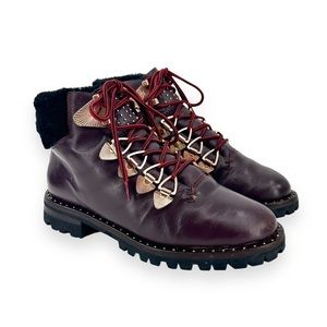 Ivy Kirzhner Burgundy Studded Lace Up Leather Winter Boots